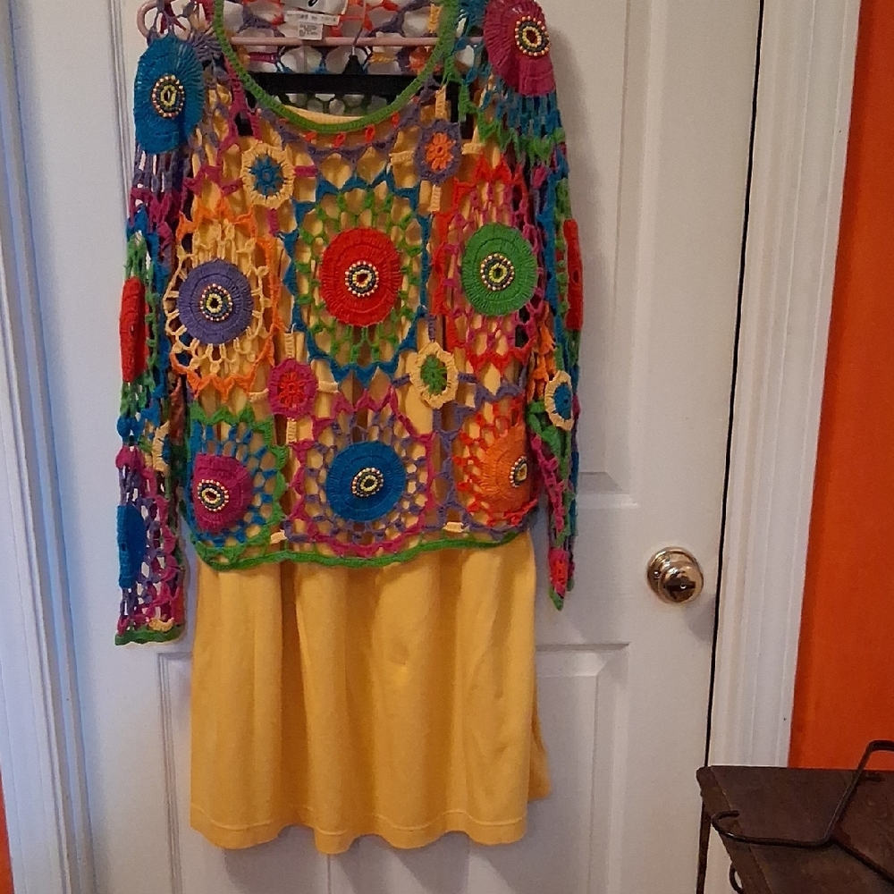 Colorful Crochet Top with Yellow Skirt and Jacket